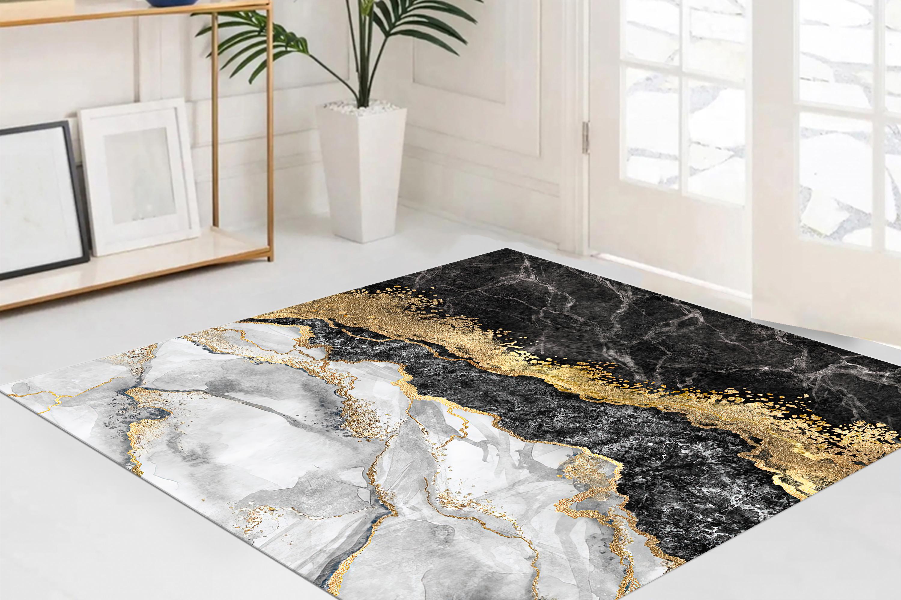 Black and Gold Marble Rug, Black Marble Rugs, Modern Marble Rug ...