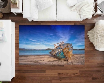 Popular Rug, Chenille Rug, Area Rug, Handmade Gift, Old Boat On The Beach Rug, Sea Landscape Rug, View Rugs, Indoor Rug,