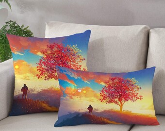 Alone Man Pillow, Gift For Her, Plane Cushion Case, Landscape Cushion Case, Printed Fabric, Boy Room Pillow Case, Cushion, Colorful Pillow,
