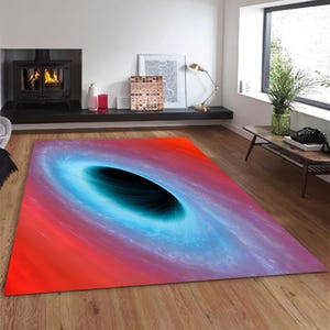 Black Hole Galaxy Rug, Cosmic Red and Blue Space Print Carpet, Sci-Fi Digital Art Area Rug, Outer Space Themed Floor Decor for Home