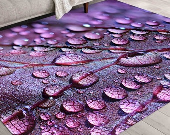 Dining Room Rug, Thin Rug, Easy to Clean Rug, Gift For Him, Purple Leaf and Water Drops Rug, Water Drops Rugs, Floral Rugs, Modern Rug,
