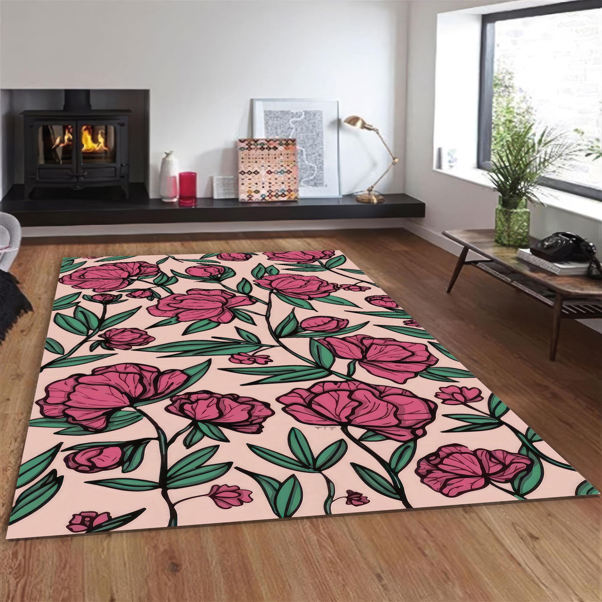 Pink Peony Floral Rug, Bold Line Art Flower Print Carpet, Pastel ...