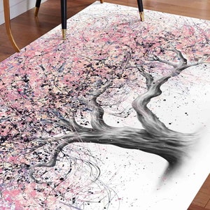 Tapete lavável à máquina, tapete para quarto, tapete que aceita animais de estimação, tapete antiderrapante, tapete com pintura de árvore rosa, tapetes rosa, tapete para paisagismo, tapete para ambientes internos