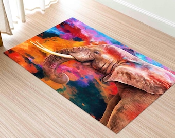 Elephant Painting Rug, Abstract Rugs, Safari Rugs, Animal Rug, Front Door Rug, Salon Decor Rug, Non-Slip Carpet, Round Rug, Outdoor Rug,