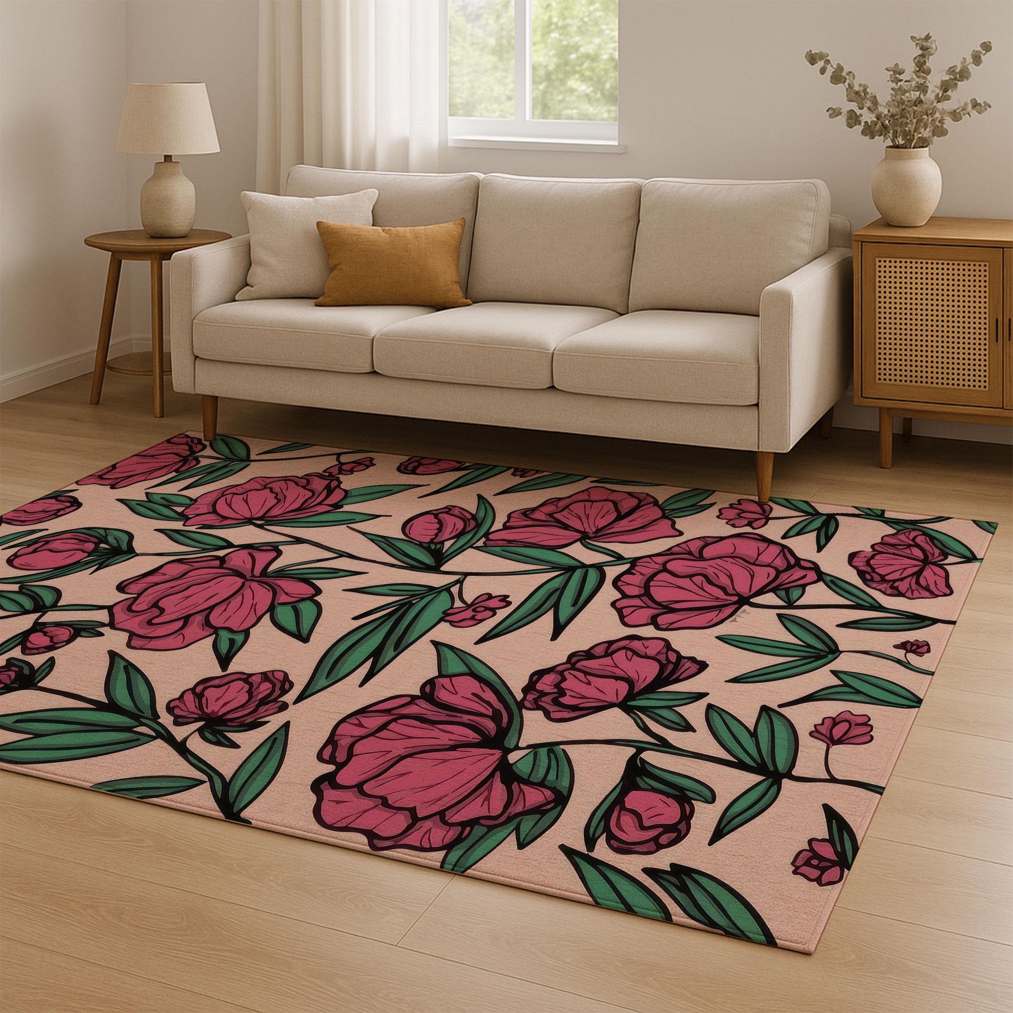 Pink Peony Floral Rug, Bold Line Art Flower Print Carpet, Pastel ...