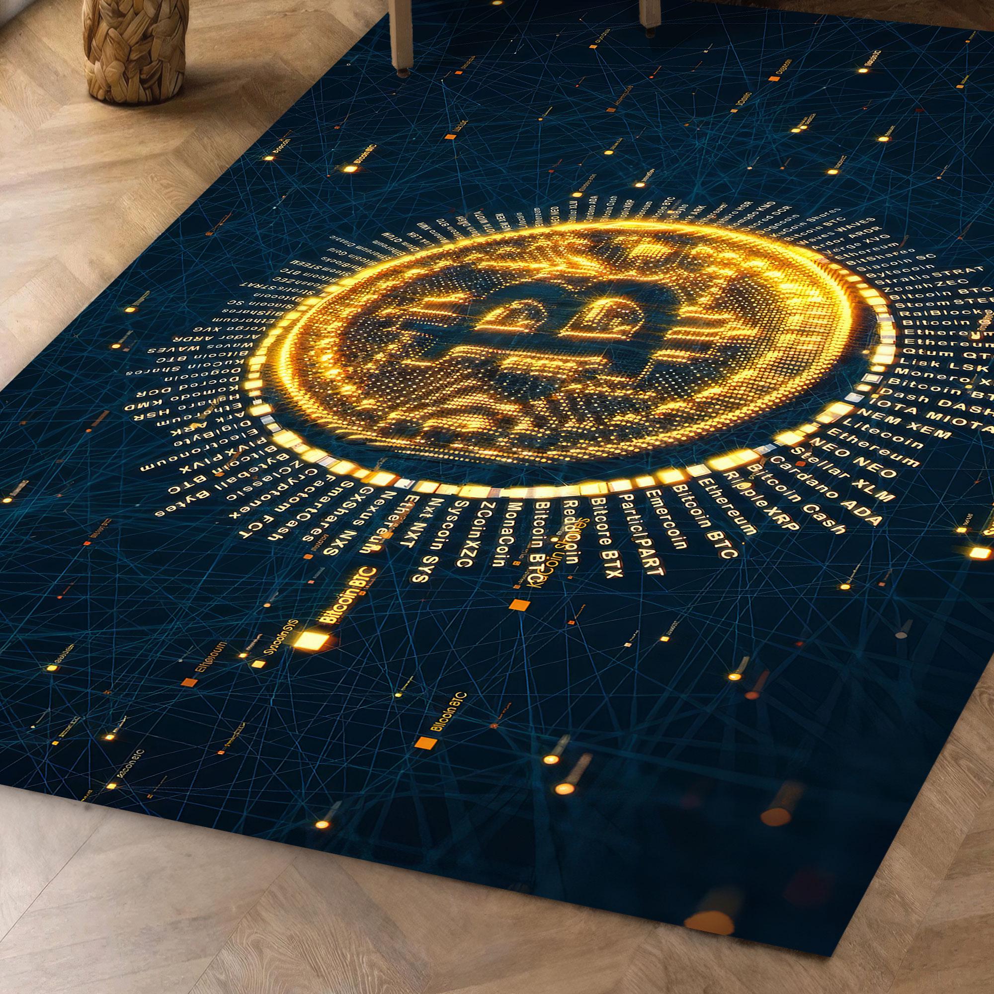 ビットコインネットワークラグ、デジタル暗号通貨コインプリントカーペット、未来的なブロックチェーンテーマのエリアラグ、テクノロジー愛好家向けモダンオフィスフロアマット  - Etsy 日本
