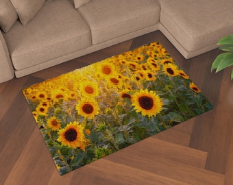 Sunflower Rug, Sunflower Field Rugs, Yellow Rug, Landscape Rug, Gift For Him, Salon Rug, Door Mat, Pet Friendly Rug, Saloon Rug,