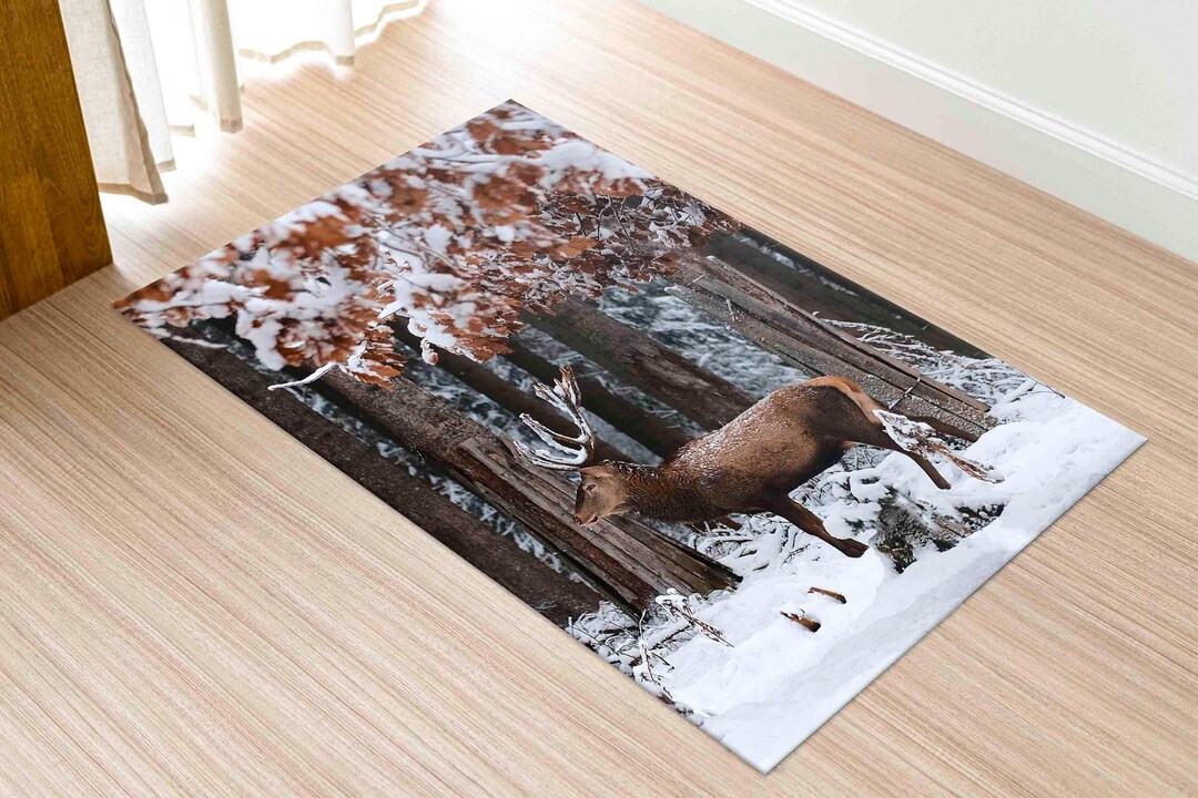 Deer in the Forest Rugs, Winter Rugs, Nature Scene Rug, Animal Rug ...