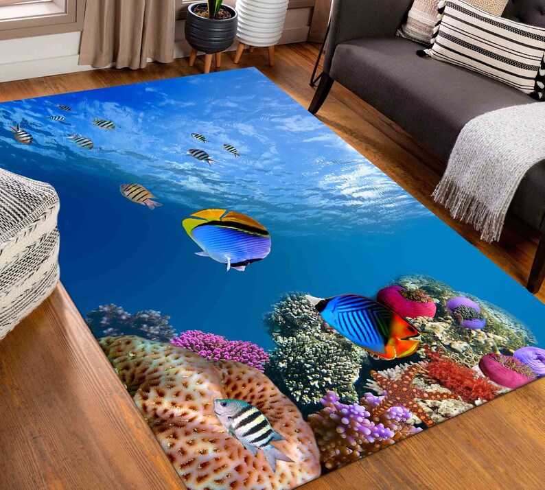 Office Rug, Bathroom Rug, 3D Printeds Rug, Housewarming Gift, Underwater Fish View Rug, Tropical Fish Rugs, Animal Rugs, Wall Hanging Rug, image 3