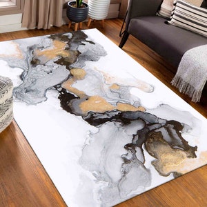 Indoor Rug, Luxury Rug, Office Decor Rug, Anti-Slip Carpet, Gray and Gold Marble Rugs, Black Marble Rug, Marble Rugs, Salon Decor Rug,
