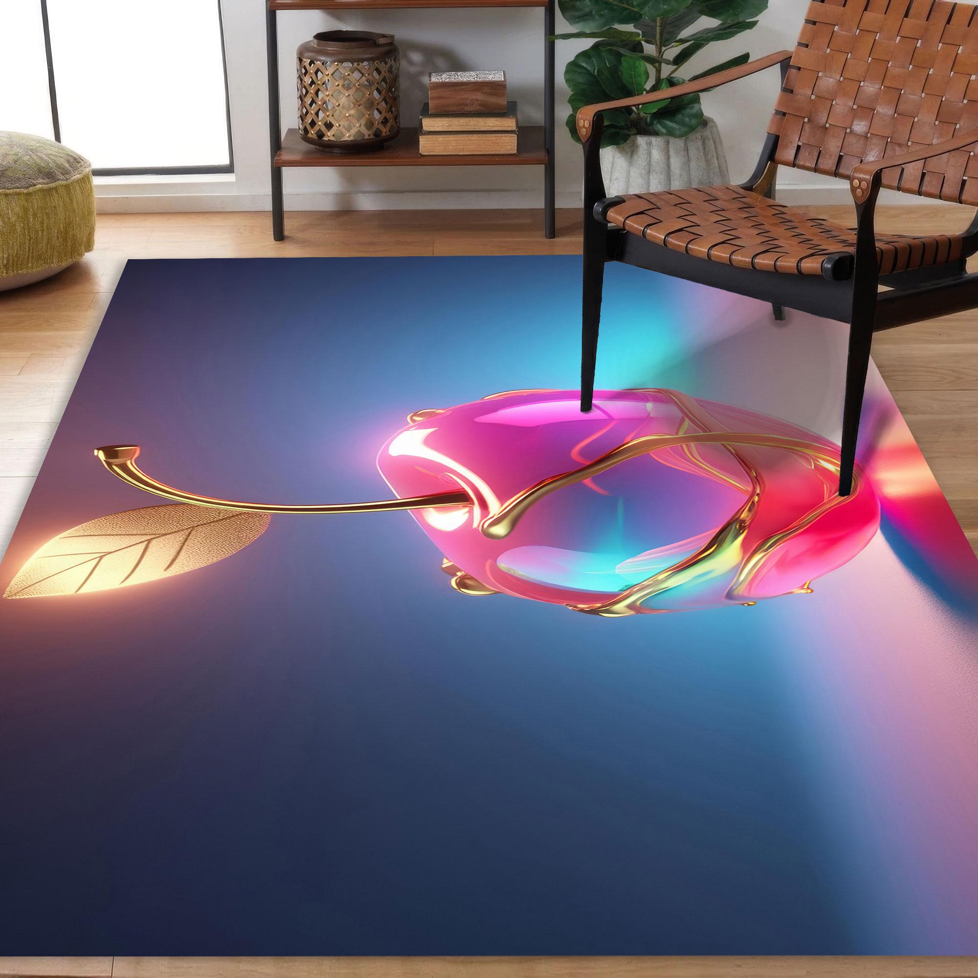 3D Golden Cherry Rug, Futuristic Neon Glow Fruit Art Carpet, Digital ...