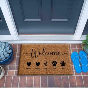 Personalisierte Familie Willkommen Fußmatte, Benutzerdefinierte Name Fußmatte, Haustier Familie im Freien Geschenk, Moderne Schrift Willkommen Matte, Wohnkultur Kokosmatte,