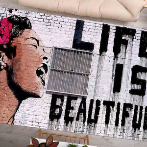 Banksy Woman Rug, Entryway Rug, Bridesmaid Gift, Personalized Gifts, Banksy Life Is Beautiful Rugs, Abstract Rugs, Graffiti Rugs, Home Decor
