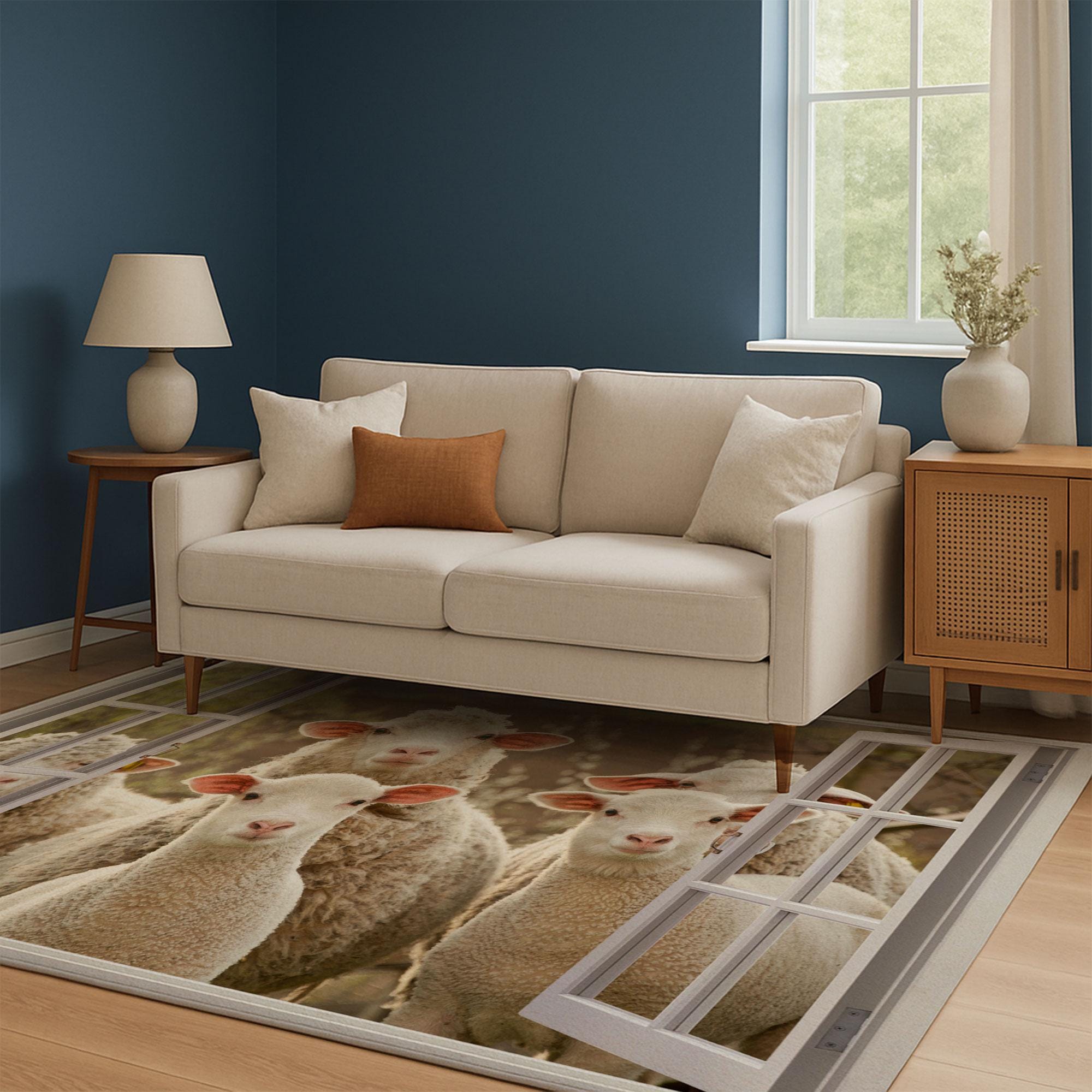 Window Rug Sheep Through Window Rug, Funny Farm Animal Digital Print Carpet ...