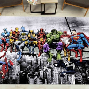 May include: A colorful rug featuring a group of superheroes sitting on a ledge. The superheroes include Spiderman, Captain America, Wolverine, Hulk, Batman, Superman, and others. The rug has a black and white city background.