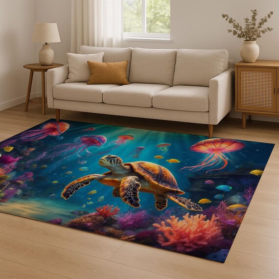 Sea Turtle Underwater Rug, Ocean Life Digital Print Carpet, Colorful Coral Reef Marine Area Rug, Jellyfish Tropical Decor Floor Mat