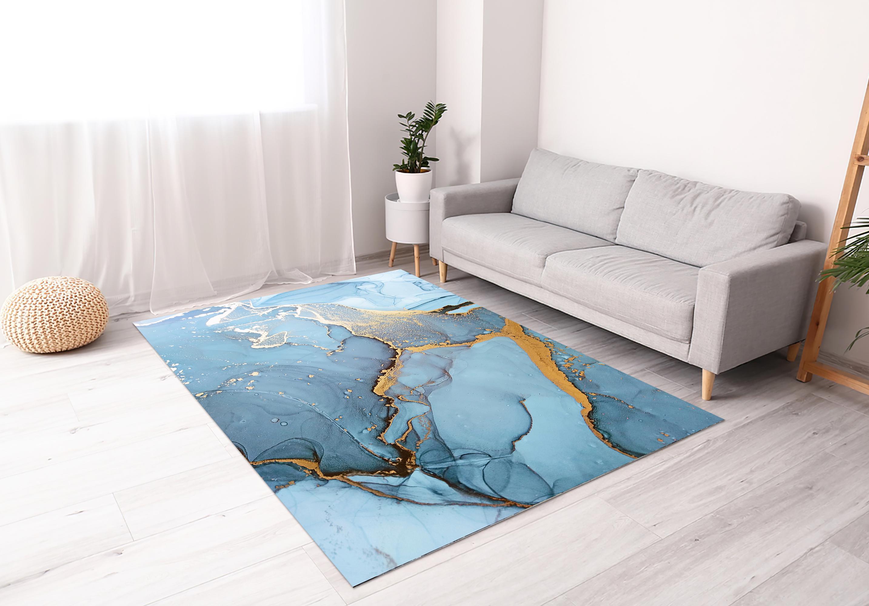 Blue Marble Rug Pattern Blue and Gold Marble Rugs, Luxury Marble Rugs, Contemporary Rug, Modern ...
