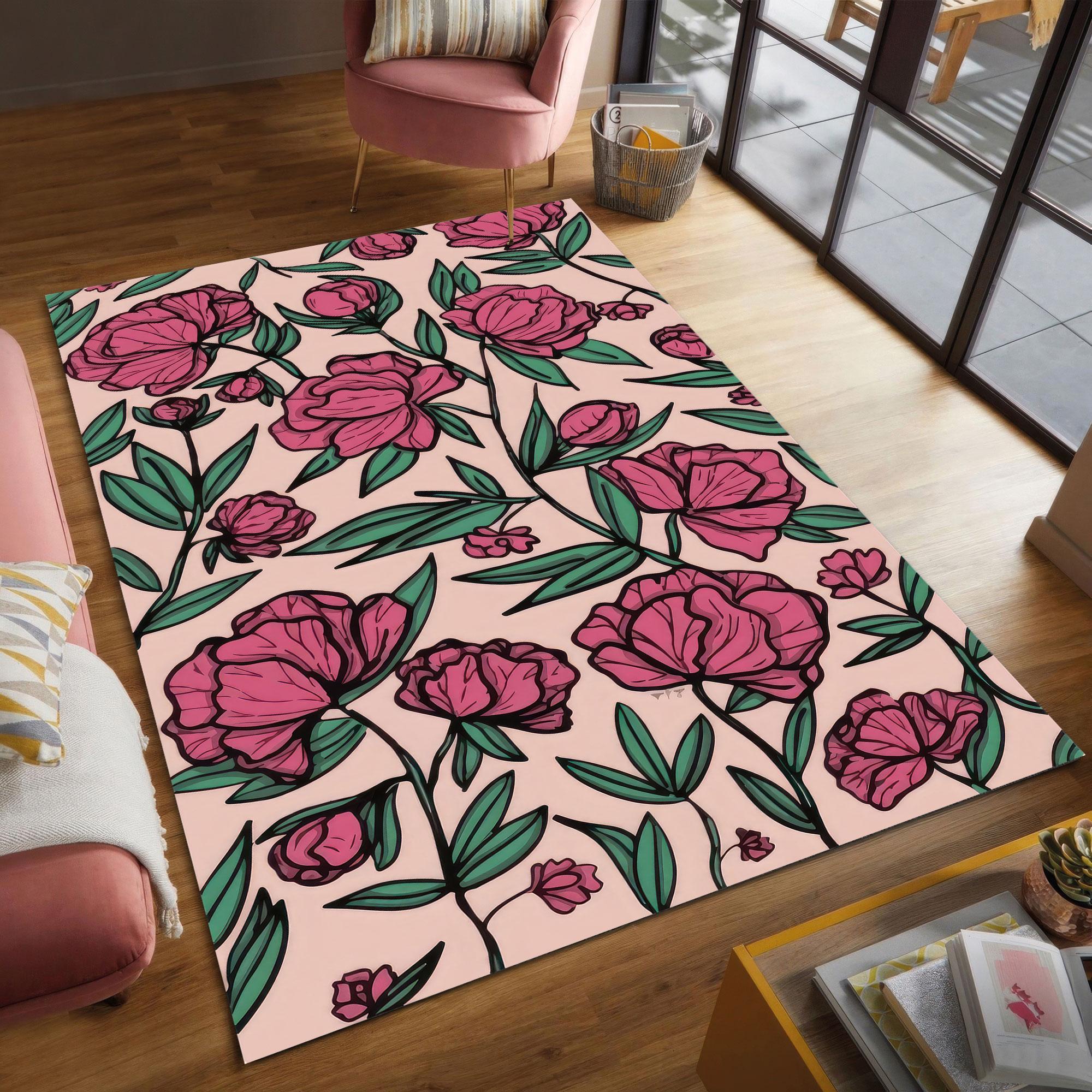 Pink Peony Floral Rug, Bold Line Art Flower Print Carpet, Pastel ...