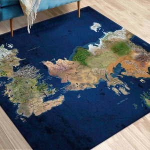 May include: A blue and brown rug with a map of Westeros, the fictional continent from the Game of Thrones series. The rug features the names of various locations and regions on the map.