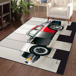 Classic Sports Car Rug, Vintage Auto Illustration Digital Print Carpet, Retro Racing Theme Area Rug, Modern Garage or Man Cave Floor Mat