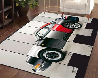 Matta i klassisk sportbil, digitaltryckt matta med illustration av vintagebilar, matta i retrostil med racingtema, modern golvmatta i garage eller man cave