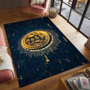 May include: A rectangular rug with a dark blue background and a large, glowing gold Bitcoin symbol in the center. The Bitcoin symbol is surrounded by a ring of text and connected by lines to other glowing elements.