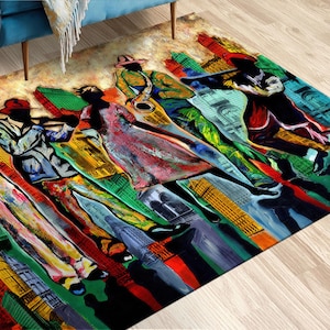 May include: Abstract rug with a colorful design of people playing music in front of a city skyline. The rug features a variety of colors, including red, yellow, blue, green, and purple.