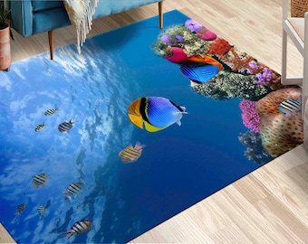 Office Rug, Bathroom Rug, 3D Printeds Rug, Housewarming Gift, Underwater Fish View Rug, Tropical Fish Rugs, Animal Rugs, Wall Hanging Rug,
