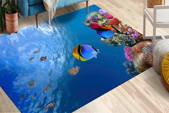 Office Rug, Bathroom Rug, 3D Printeds Rug, Housewarming Gift, Underwater Fish View Rug, Tropical Fish Rugs, Animal Rugs, Wall Hanging Rug,