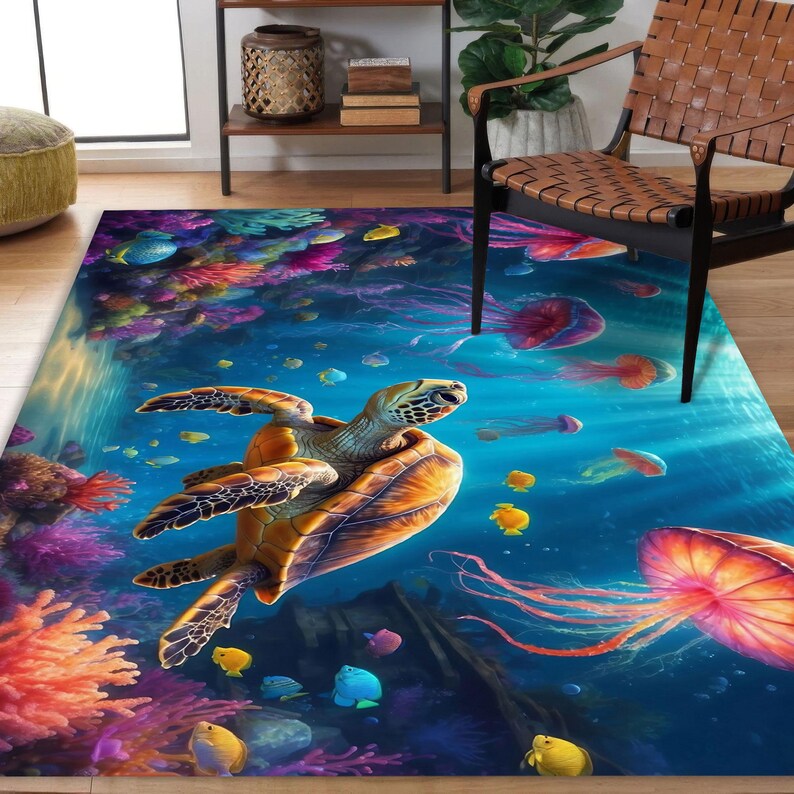 Op de afbeelding: Een rechthoekig vloerkleed met een levendige onderwaterwereld. Een grote zeeschildpad zwemt tussen kleurrijk koraal, vissen en kwallen. Het ontwerp van het vloerkleed gebruikt tinten blauw, oranje, geel en roze, waardoor een levendige omgeving ontstaat.
