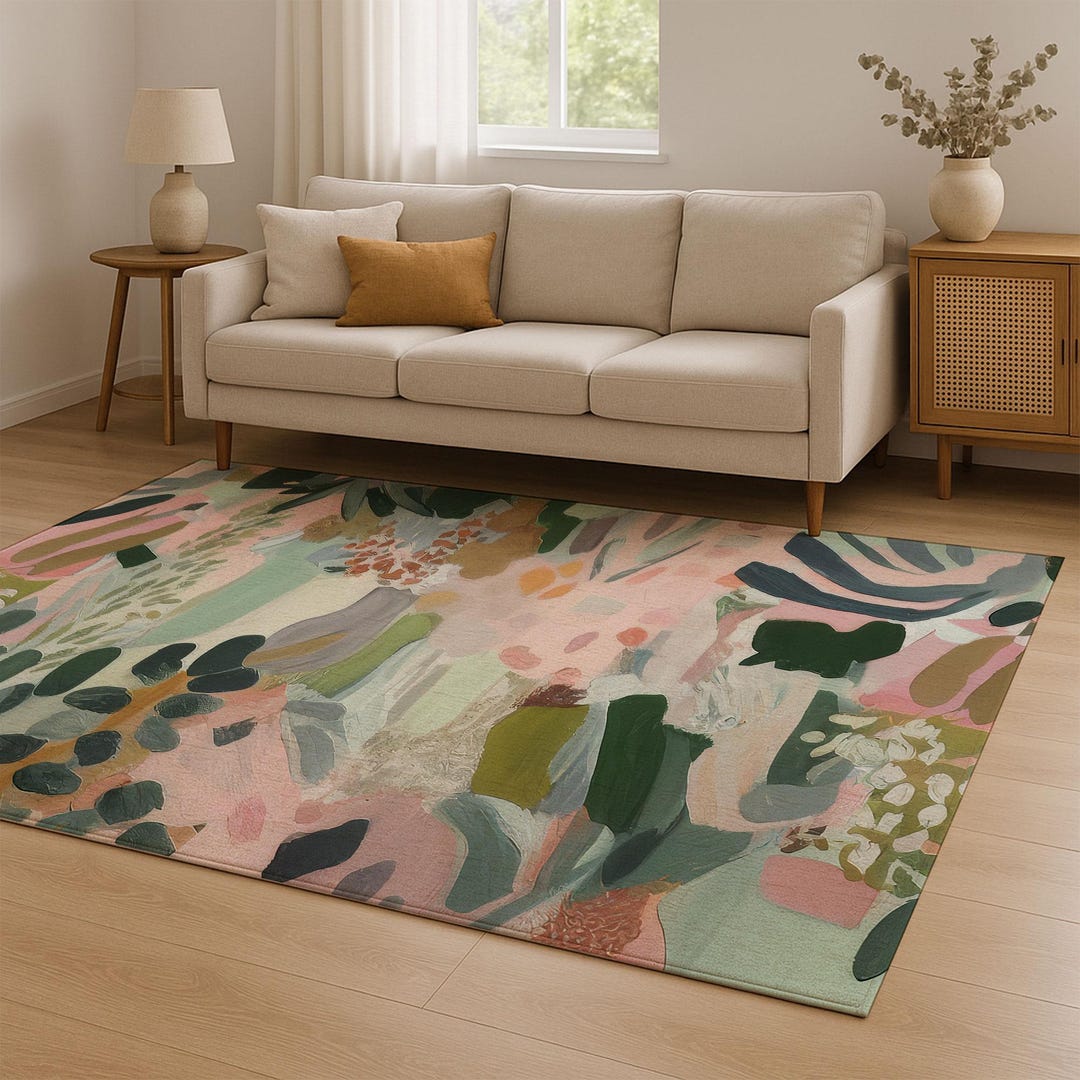 Abstract Botanical Rug, Soft Pastel Leaf Pattern Carpet, Colorful ...