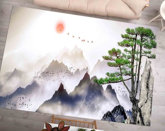 Alfombra fácil de limpiar, alfombra personalizada, alfombra para pasillo, regalo de inauguración de casa, alfombras con vista a la montaña, alfombra con paisaje de montaña, alfombra con paisaje japonés,