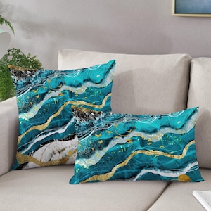 Blue Pillow Cover, Blue And Gold Marble Cushion Case, Gold Marble Cushion, Home Decor, Luxury Marble Pillow Case, Housewarming Gift,