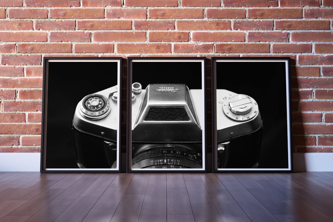 Triptych Vintage Camera, Digital Print Vintage, Black and White Vintage