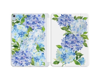 Hydrangea Flower iPad Pro 12.9 Case Watercolor Blue Floral iPad Mini 6 Air 4 3 2 Cover 11 inch 2020 5th Gen 7 8 9 10.2" Folio 2022 2018 2015