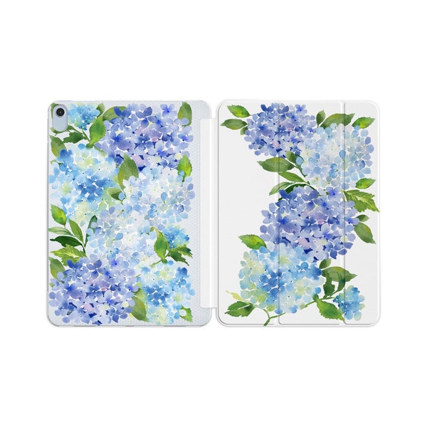 Hydrangea Flower iPad Pro 12.9 Case Watercolor Blue Floral iPad Mini 6 Air 4 3 2 Cover 11 inch 2020 5th Gen 7 8 9 10.2" Folio 2022 2018 2015
