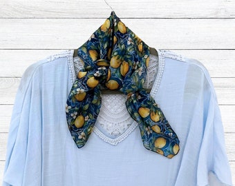 Amalfi Coast-Inspired Scarf, Stylish Lemon-Themed Fashion Scarf, Gift for Mom, Blue Tile and Lemon Chiffon Scarf, Gift for Italy Lover