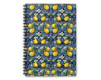 Amalfi Coast-Inspired Lemon and Blue Tile Spiral Notebook, Lined Italian Journal, Italian-Themed Travel Book, Beautiful Italy-Inspired Diary