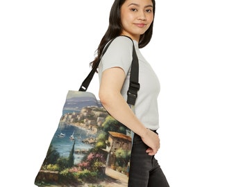 French Riviera Art Adjustable Tote Bag, Unique Travel Bag for France Lover, French Riviera-Inspired Landscape Shoulder Bag, Paris Travel Bag