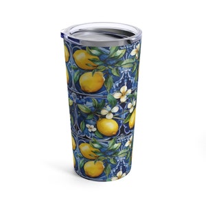 Blue Amalfi-Inspired Stainless Tumbler with Lemon Design, Beautiful Italian-Themed Water Bottle, Blue Tile and Lemons Drink Travel Cup