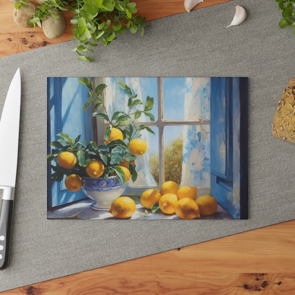Amalfi Lemon Cutting Board with Window View Italian Glass Cheese Board for Holiday Serving Tray for Italy Lover Holiday Hostess or Chef Gift