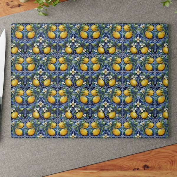 Amalfi Lemon Cutting Board, Italian Glass Cheese Board, Italy Serving Tray, Blue Tile and Lemon Server, Hostess Gift, Amalfi Kitchen Decor