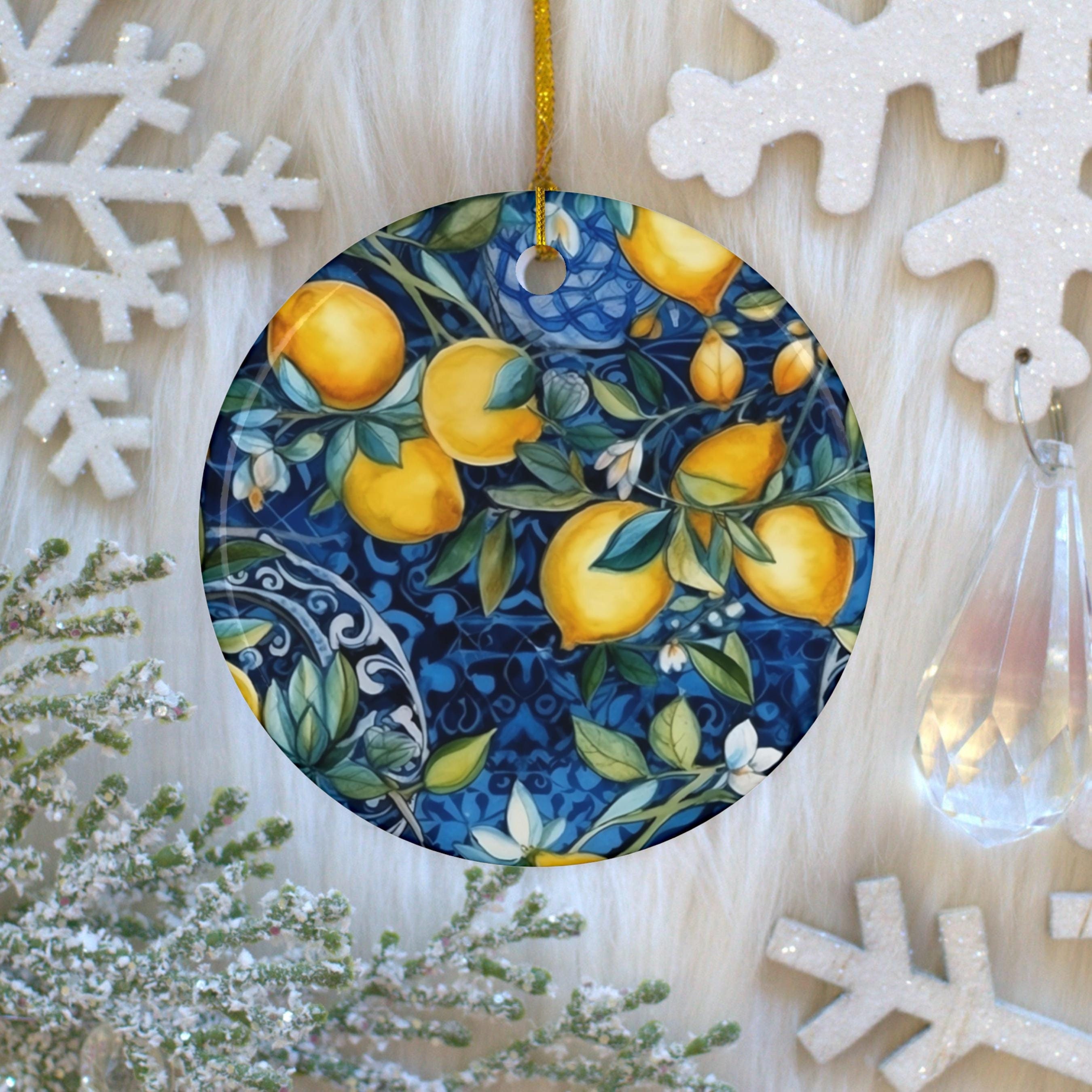 Amalfi Coast Lemon-Theme Ornament with Italian Blue and Yellow Tile Ornament for Positano-Inspired Christmas Tree Decor Gift for Italy Lover
