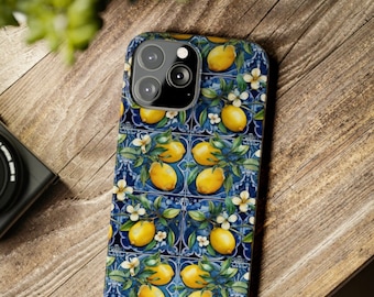 iPhone 15-Compatible Amalfi Lemon Phone Case with Blue Tile and Lemon Pattern Phone Case for Italy Lover Phone Cover for Italy Traveler Gift