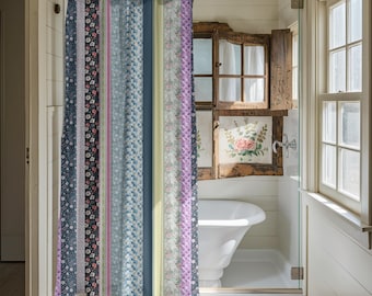 Patchwork Floral Shower Curtain Positano Bath Decor Gift with Italy Theme Shower Accessories Botanical Stripe Curtain for New Homeowner Gift