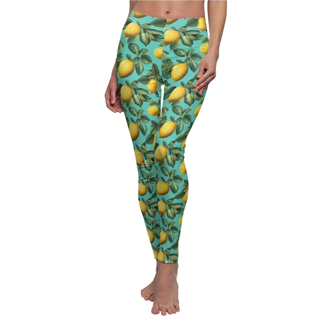 Teal and Lemon Leggings Stretchy Floral Leggings Bright Etsy