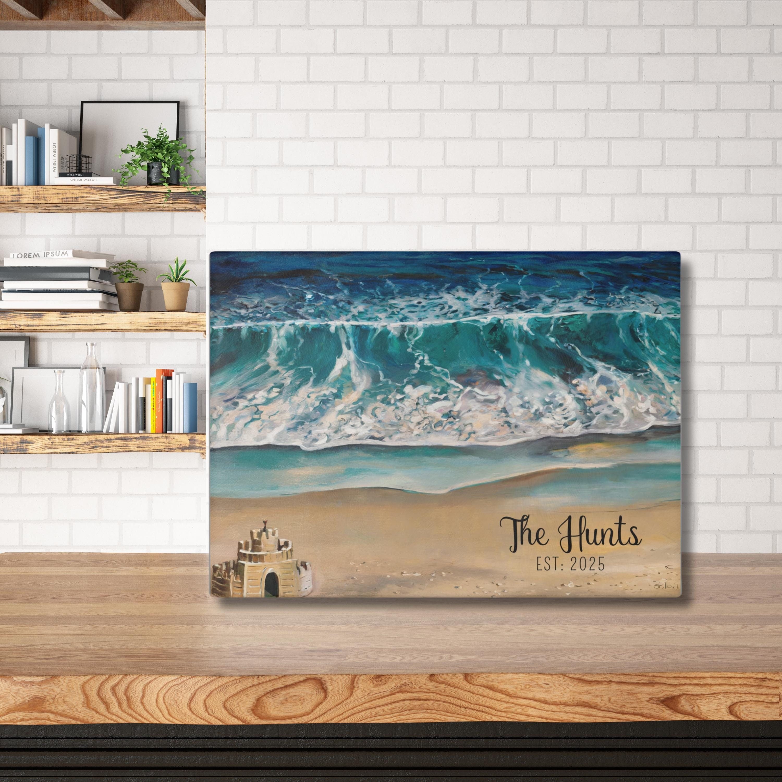 Family Name Gift Ocean Glass Custom Cutting Board with Surf and Sand Design Kitchen Decor Beach House Gift for New Homeowner Wedding Present