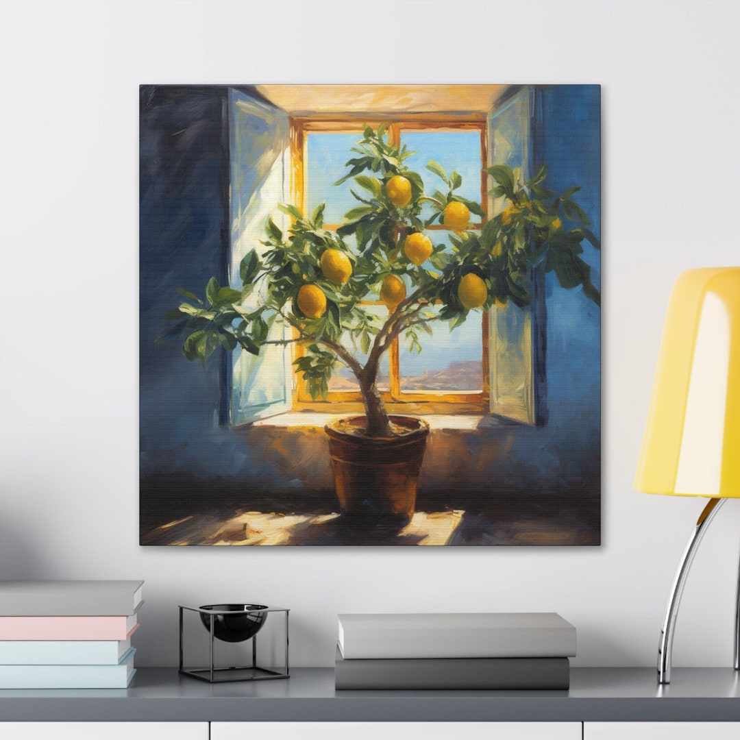 Lemon Tree Wall Hanging, Window View of Amalfi Wall Decor, Beautiful Windowsill Lemon Painting