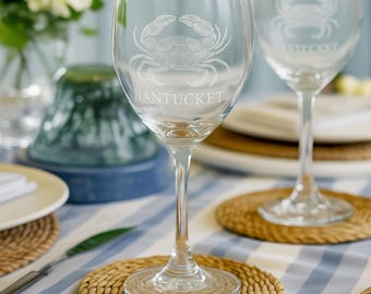 Nantucket Wine Glass with Crab Etched Design Artistic Beach Housewarming Gift from Realtor for Newlywed Coastal Home Decor Hostess Wine Gift