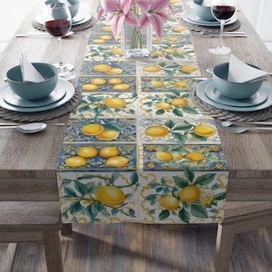 Positano Table Runner, Italian Table Linens, Positano-inspired Tablecloth, Blue and Lemons Table Decor, Mosaic Tile Runner